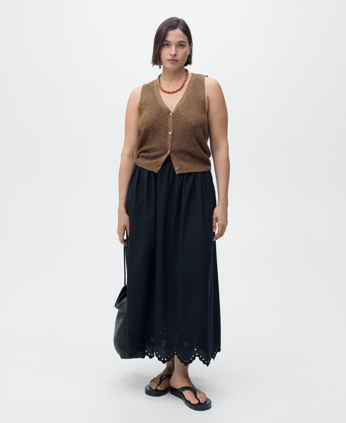Mango Cotton Skirt With Embroidered Hem In Black