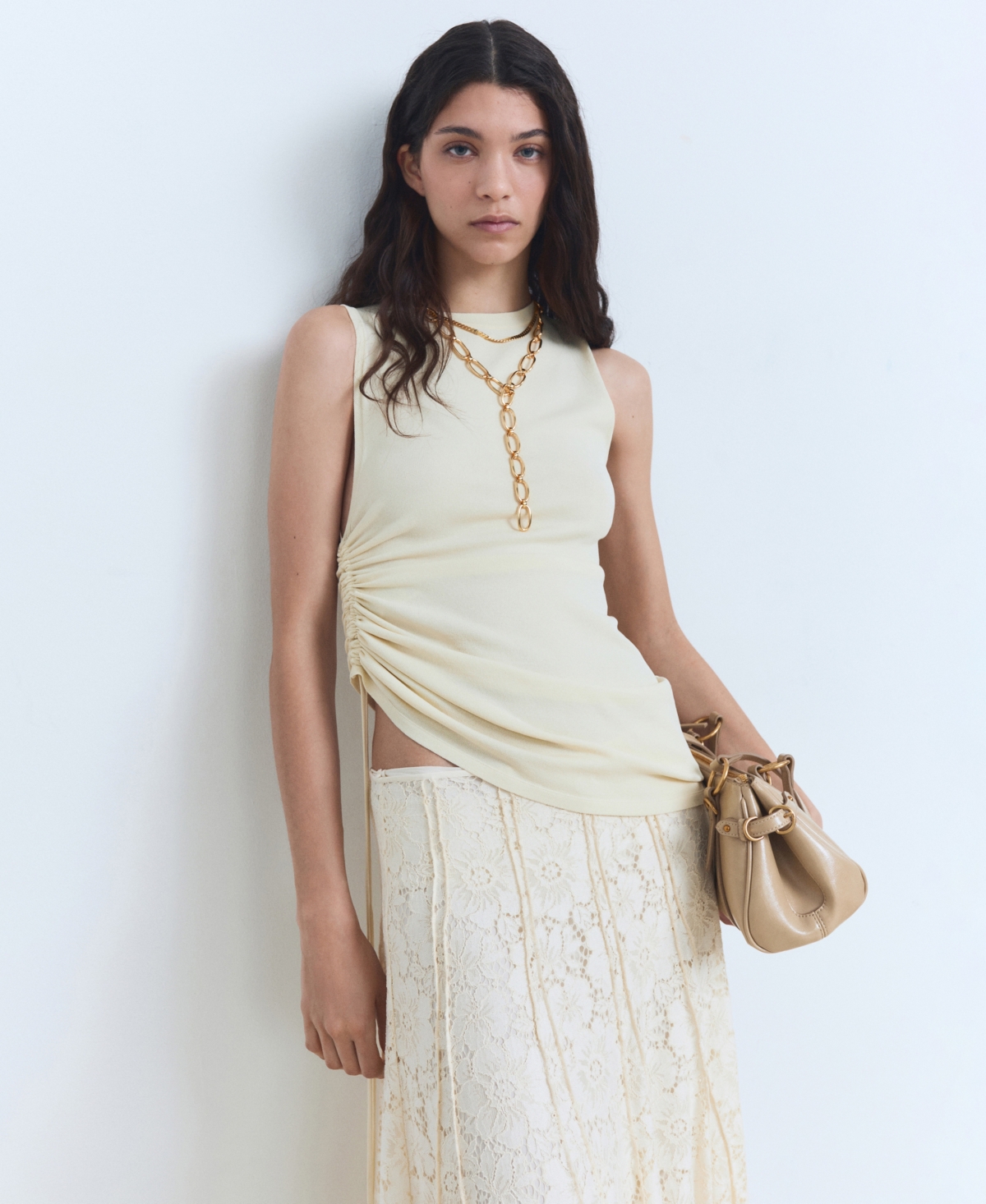 Mango Long Lace Skirt Ecru In Neutral