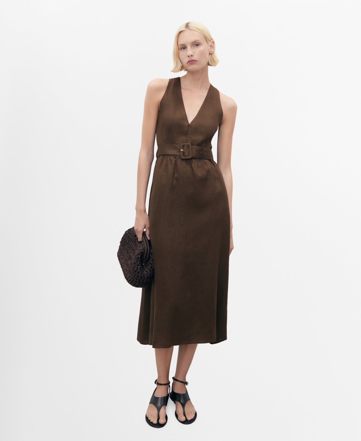 Mango Women's Belt Linen Dress In Brown
