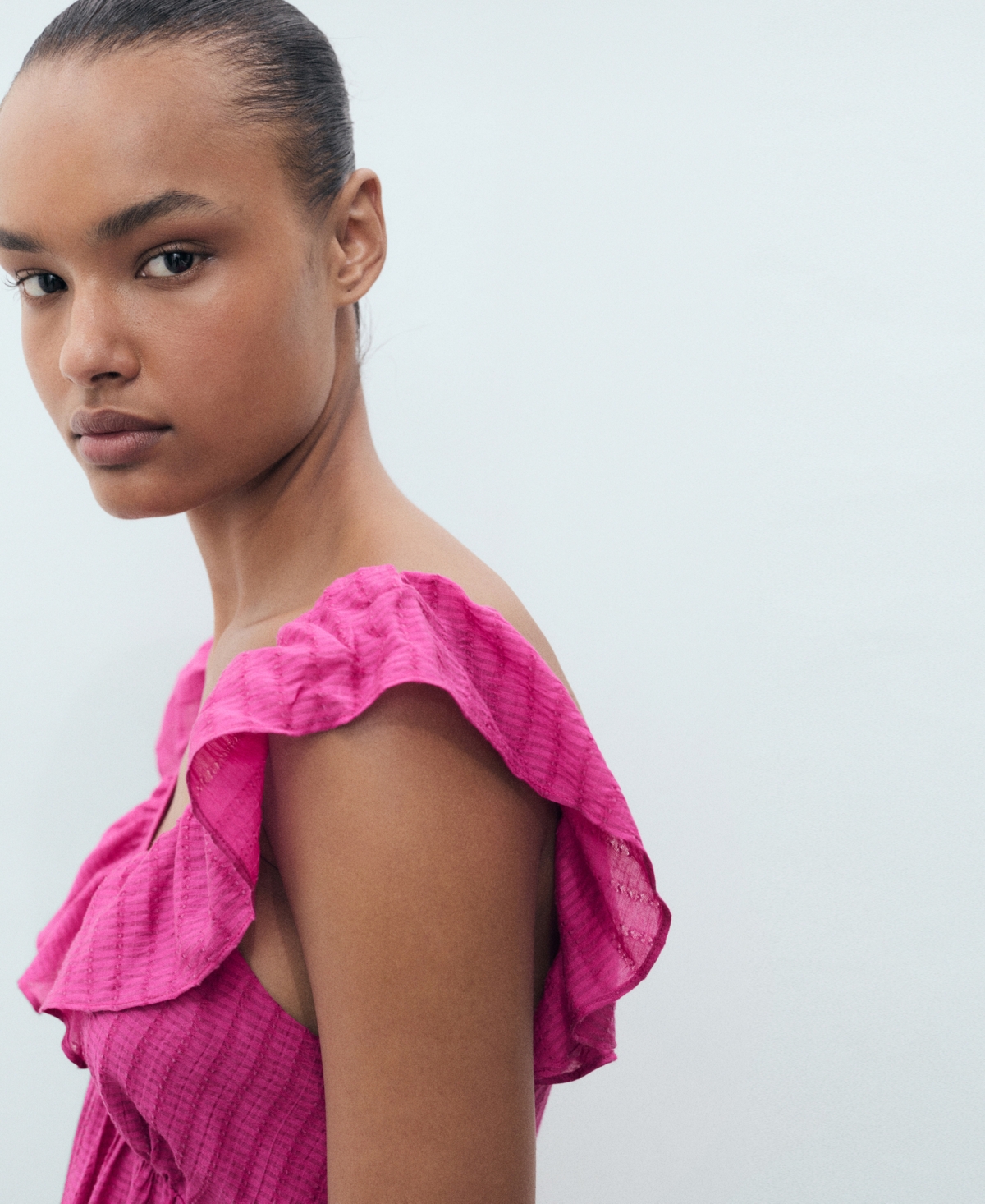 Mango Long Dress With Ruffle Neckline Fuchsia In Multi