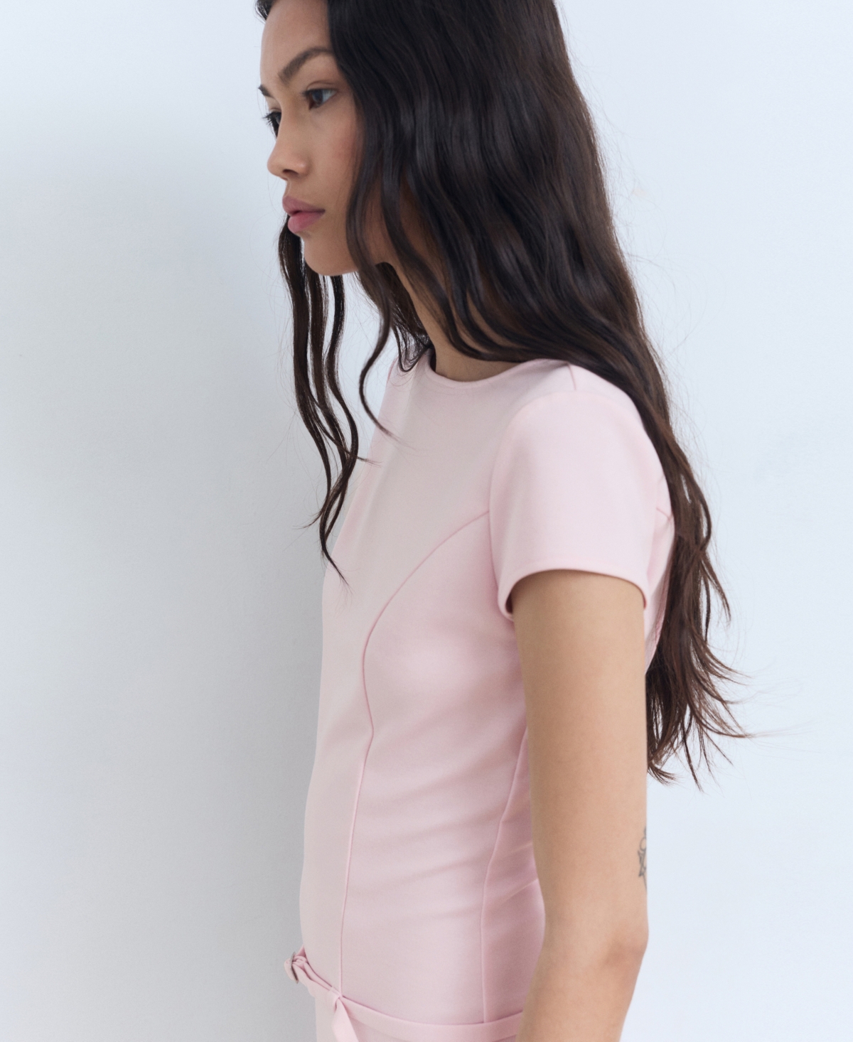 Mango Slash Neck Short Sleeve Mini Dress With Micro Belt Waist In Pink
