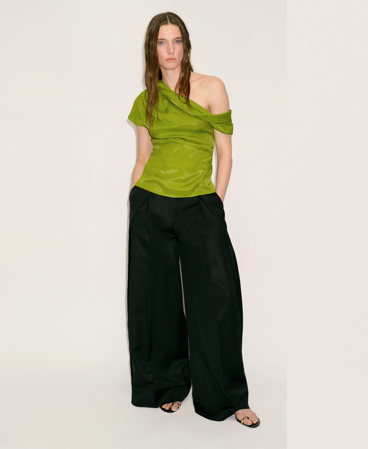 Mango Satin Blouse With Asymmetrical Neck Green In Green