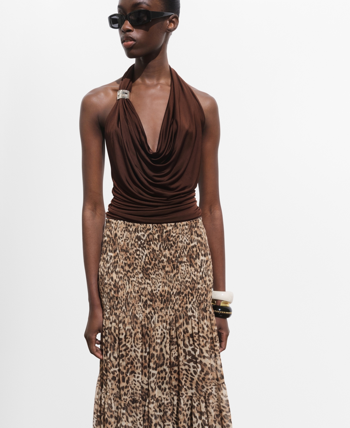 Women's Metallic Detail Draped Top - Chocolate