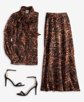 Women's Leopard-Print Organza Mock-Neck Blouse & Skirt