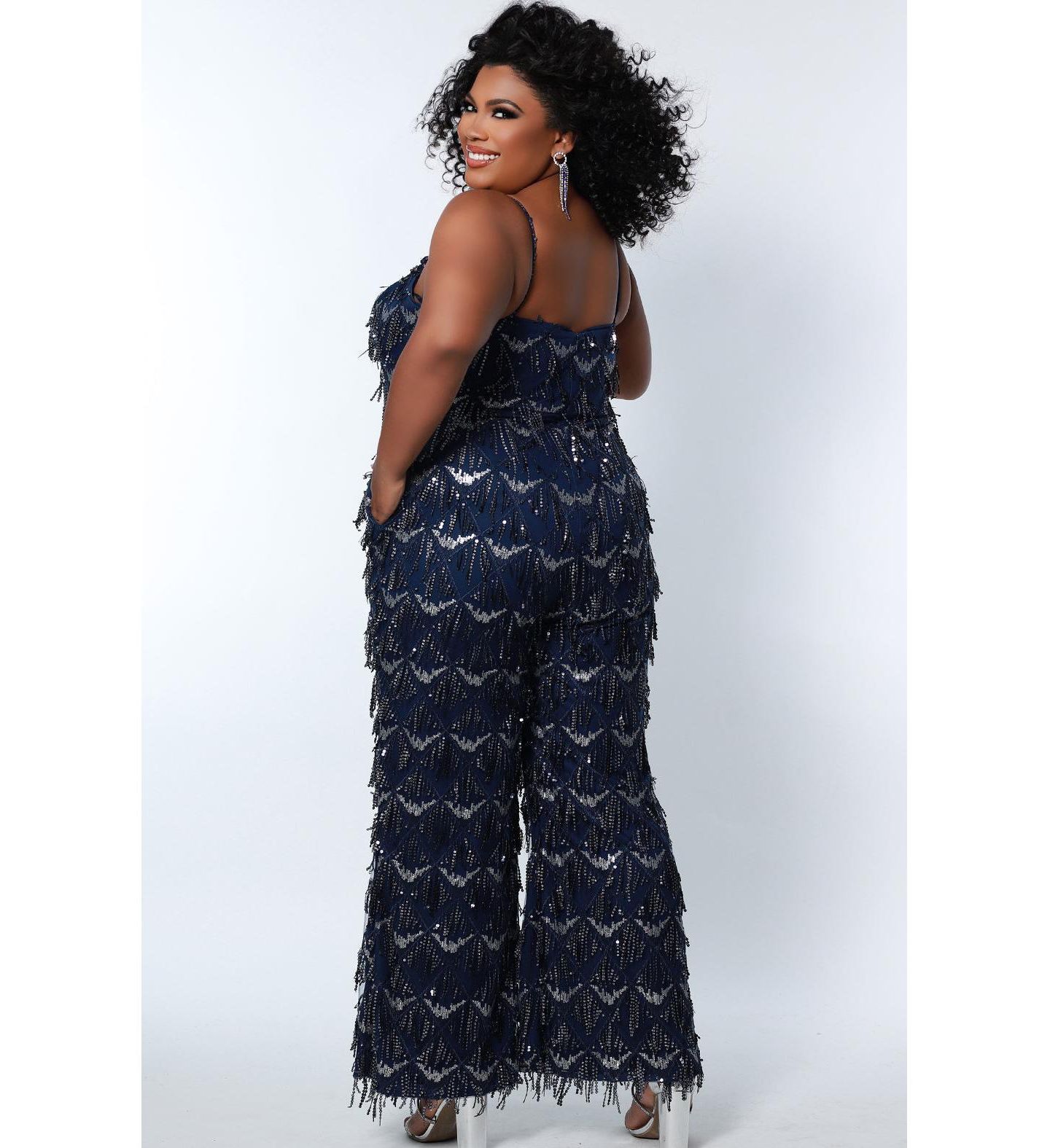 Женский комбинезон Sydney's Closet Spaghetti Strap Sequin fringe Jumpsuit, цвет: Тёмно-синий — фото 2