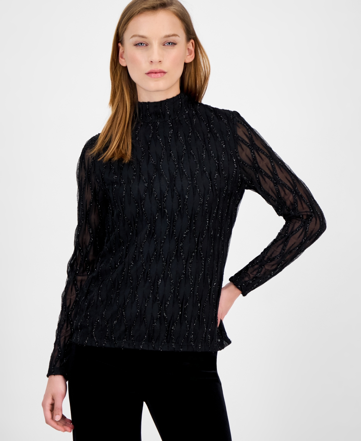 Anne Klein Women's Glitter Long-Sleeve Mock-Neck Top