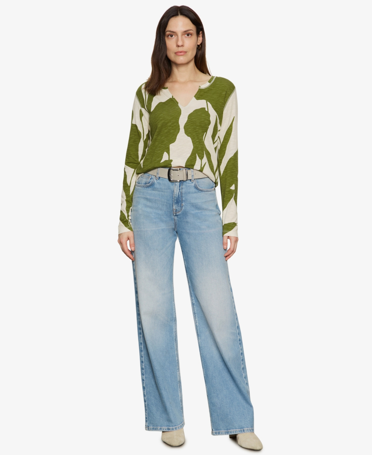 Sanctuary Print Split Neck Knit Top In Green