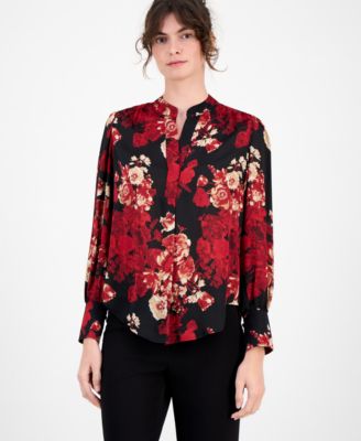 Anne Klein - Women's Floral-Print Split-Neck Blouse