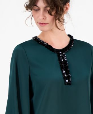 Women's Sequinned-Neck Flutter-Sleeve Top
