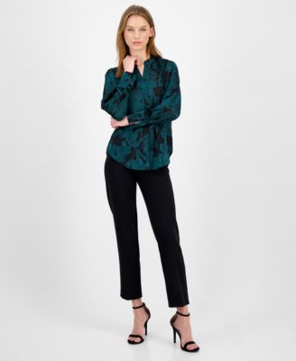 Women's Floral Satin Pleat-Front Blouse