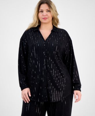 Anne Klein - Plus Size Sequin Pinstripe Drop-Shoulder Tunic Shirt