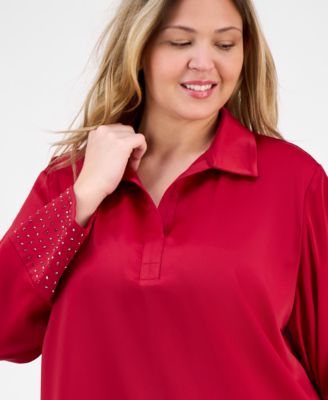 Plus Size Satin-Collar Embellished-Cuff Tunic