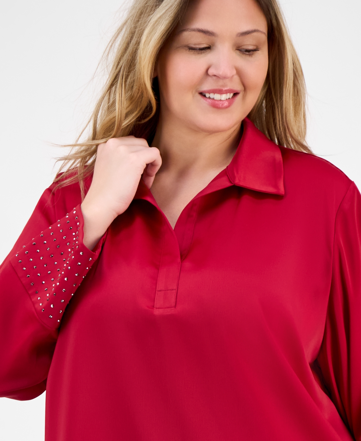 Anne Klein Plus Size Satin-collar Embellished-cuff Tunic In Red