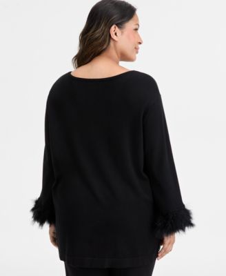 Plus Size Feather-Cuff Long-Sleeve Sweater