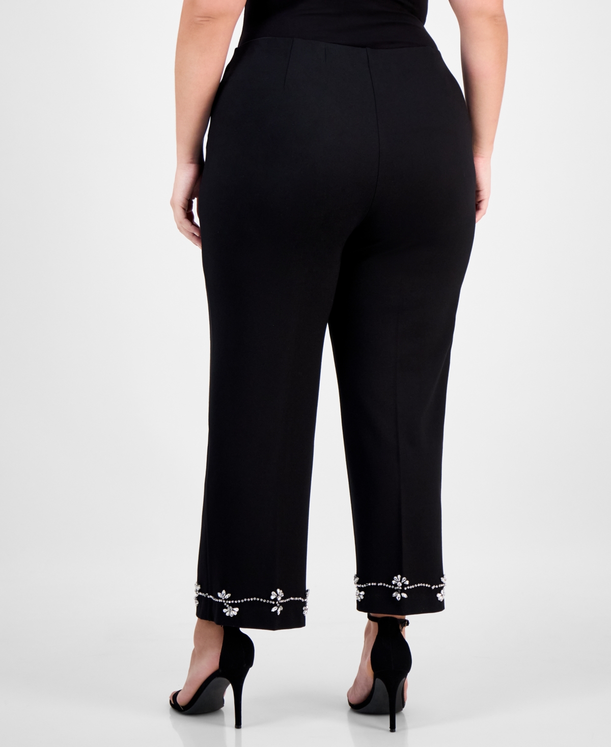 Anne Klein Plus Size Embellished High-rise Kick-flare Pants In Black