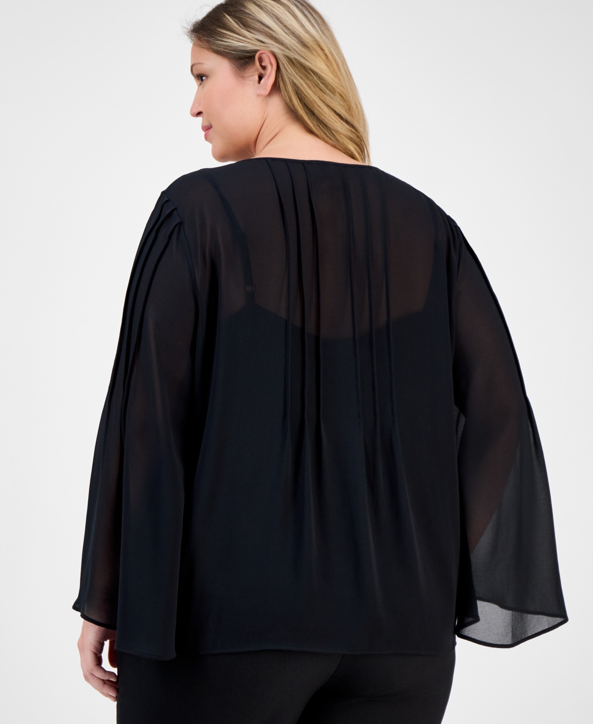 Anne Klein Plus Size Chiffon Pintuck Flutter-sleeve Blouse In Black