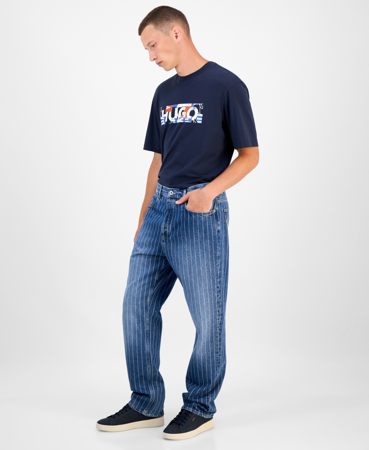 Hugo Boss Hugo By  Men's Nate Faded Stripe Cotton Jeans In Blue