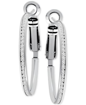 Cubic Zirconia Channel Set Narrow Medium Hoop Earrings in Sterling Silver, 1.2", Macy's Exclusive
