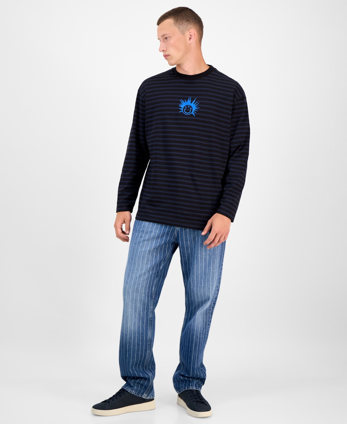 Hugo By Boss Men's Striped Cotton Logo Graphic Crewneck T-Shirt