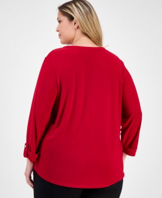 Plus Size 3/4-Sleeve Roll-Tab Crewneck Top