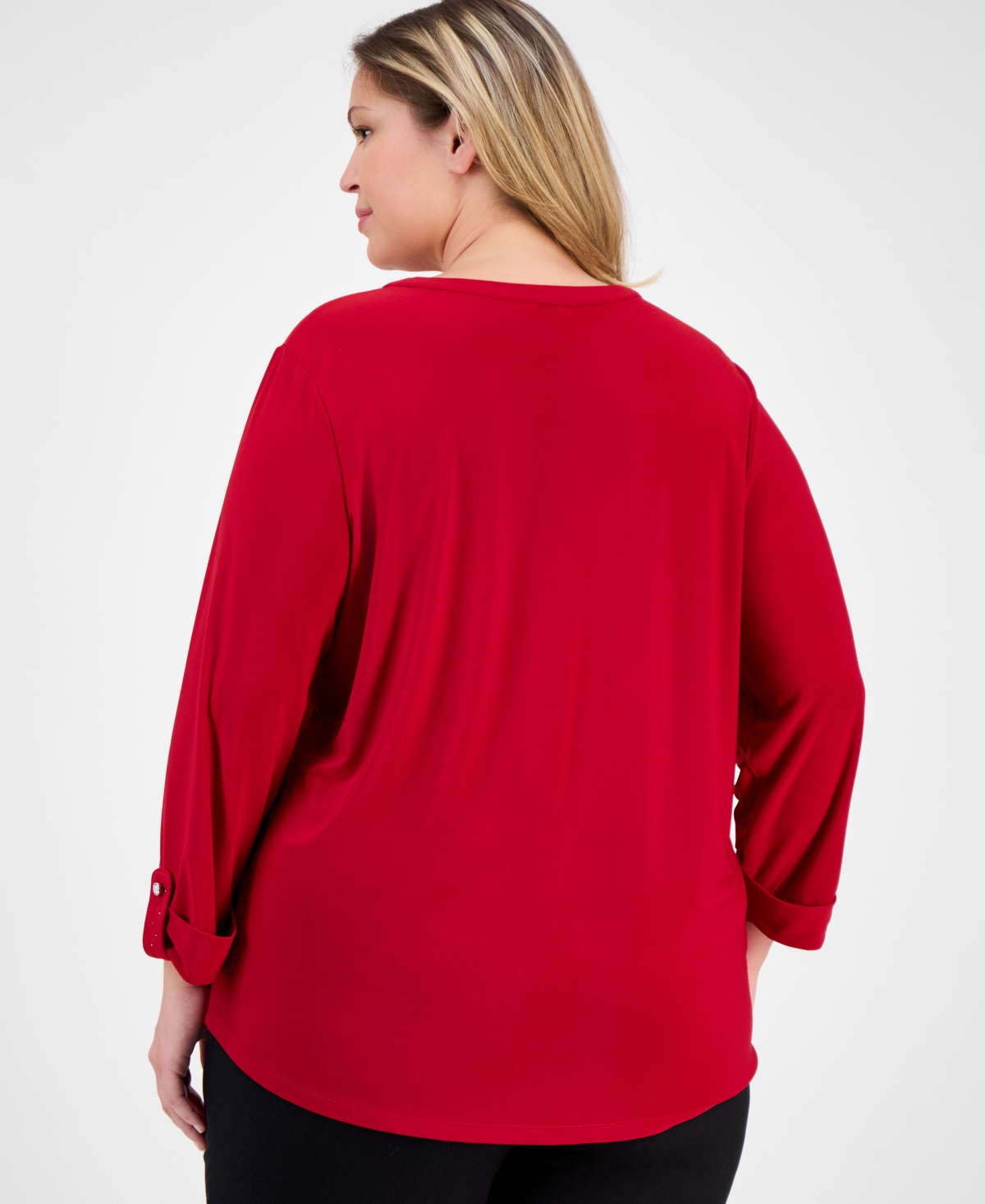 Ak Anne Klein Plus 3/4-Sleeve Roll-Tab Crewneck Top