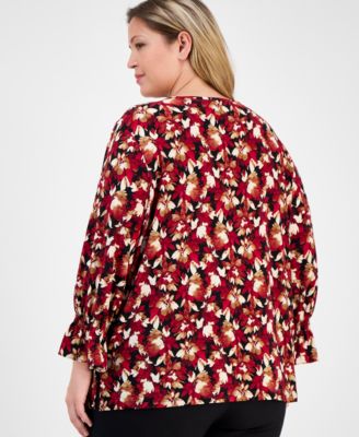 Plus Size Printed 3/4-Sleeve Keyhole Blouse