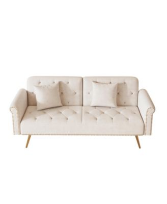 Beige Velvet Sofa Bed with Nailhead Trim & Throw Pillow