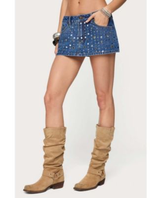 Womens Studded Grommet Denim Mini Skort