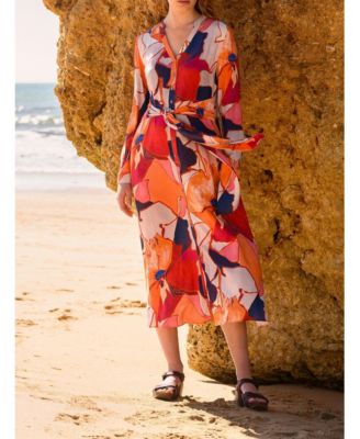 Women's Tie Front V-Neck Long Sleeve Midi Dress