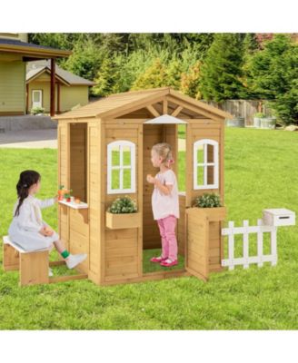 Toddler Wood Playhouse Outdoor Adventures Cottage w/ Bench Play Game Center