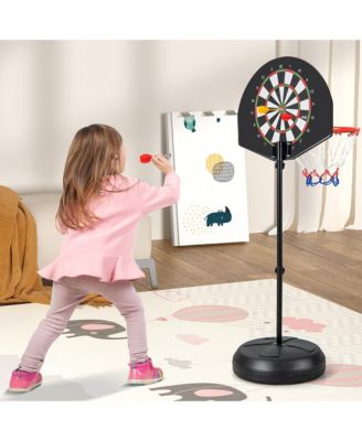 Kids 2-in-1 Basketball Hoop w/ Dart Board Double-sided Backboard & 6 Darts