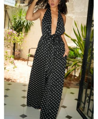 Women Oriana Black Polka Dots Halter Jumpsuit