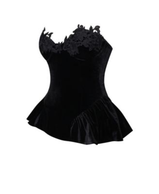 Women's Qiara Black Velvet Peplum Top with Lace Trim