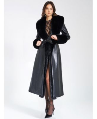 Women Zaida Black Faux Fur Trim Black Faux Leather Coat