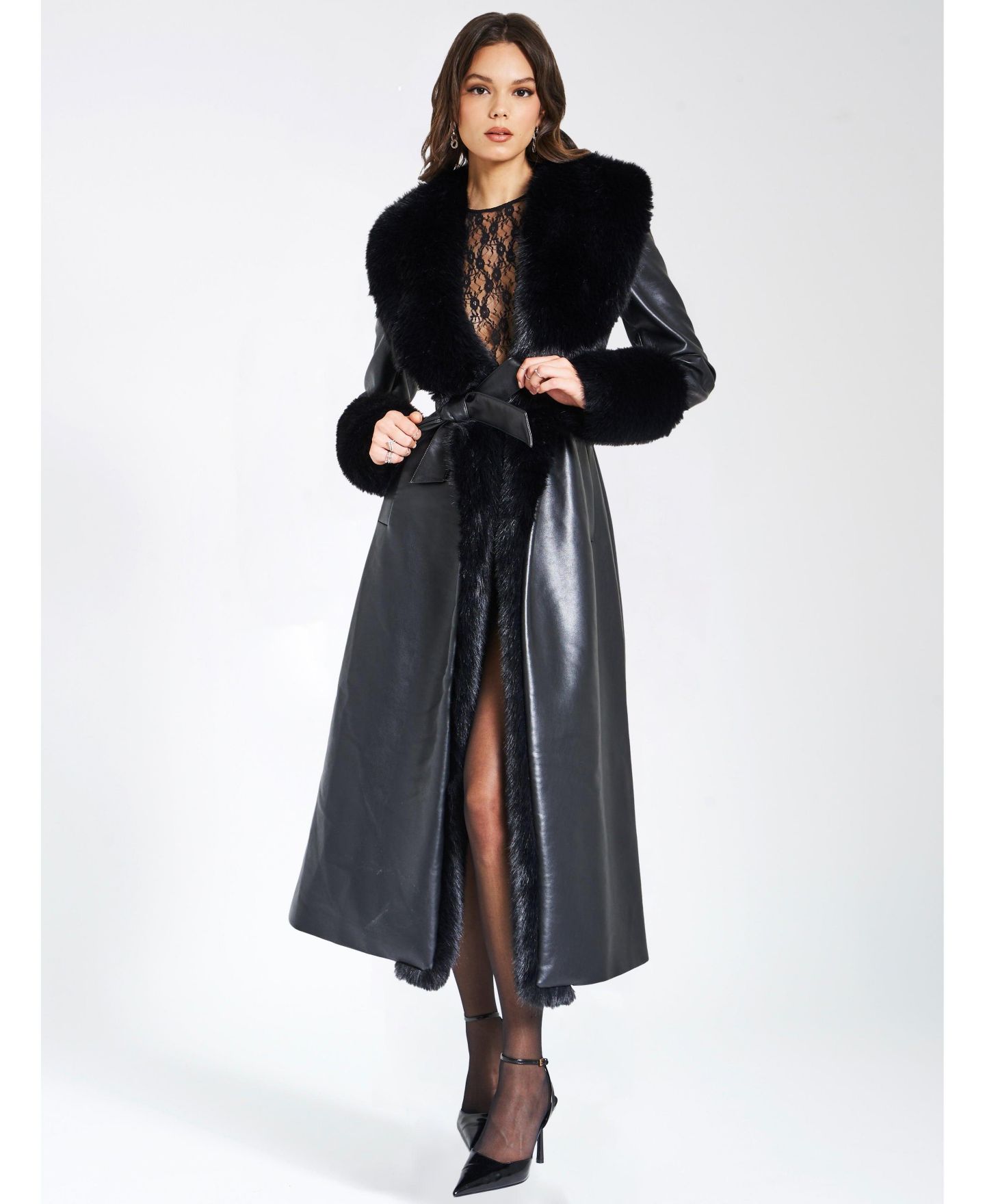Женское пальто Miss Circle Women Zaida Black Faux Fur Trim Black Faux Leather, цвет: Чёрный — фото 2