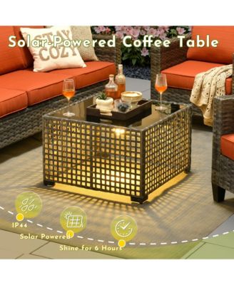 4 Pieces Outdoor Patio Furniture Set,Outside Conversation Set with All-Weather Wicker Sofa,Deep Seating Cushions and Solar Powered Coffee Table