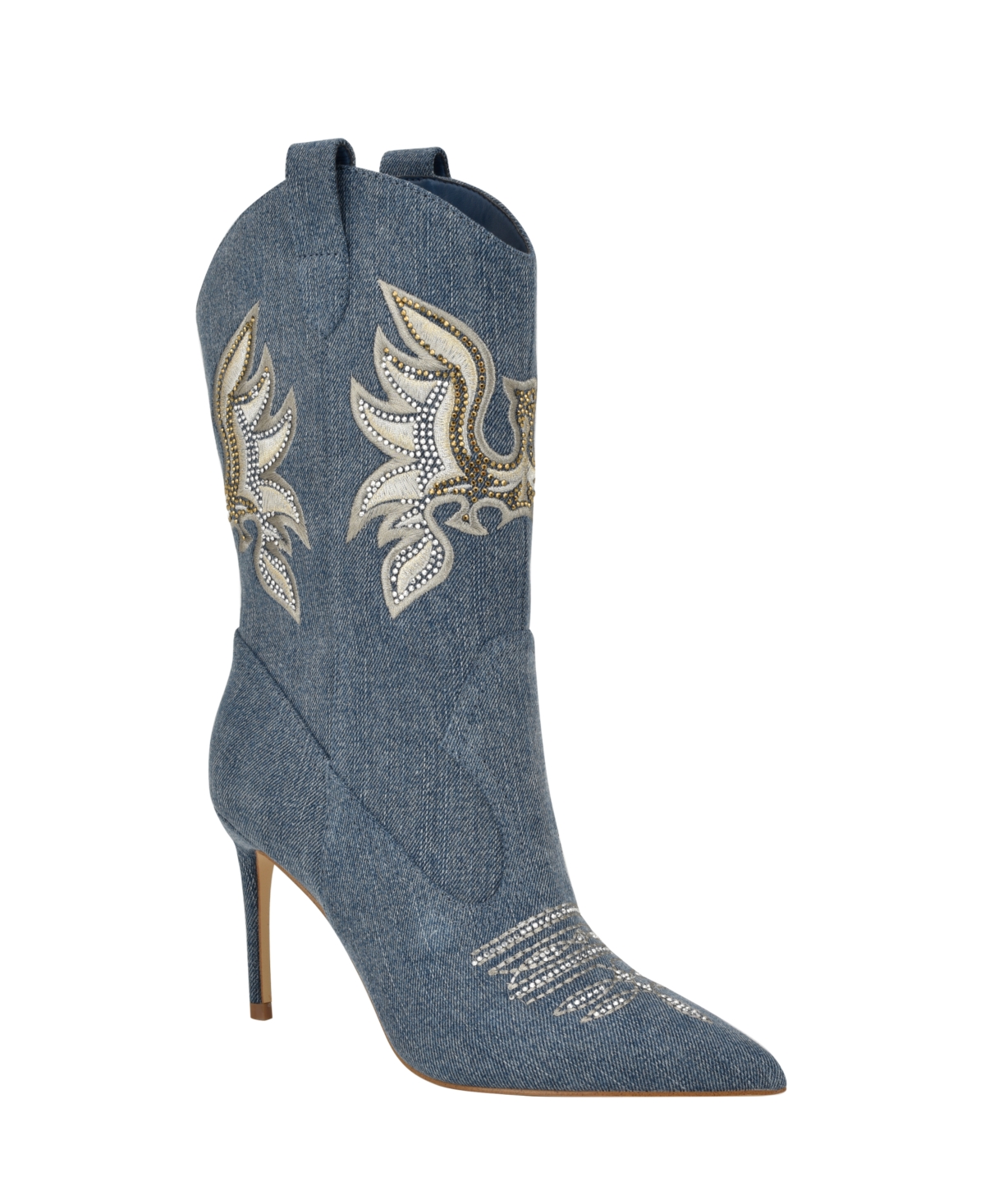 Guess Women's Rasima Denim Rhinestone Embellished High Heel Western Boots