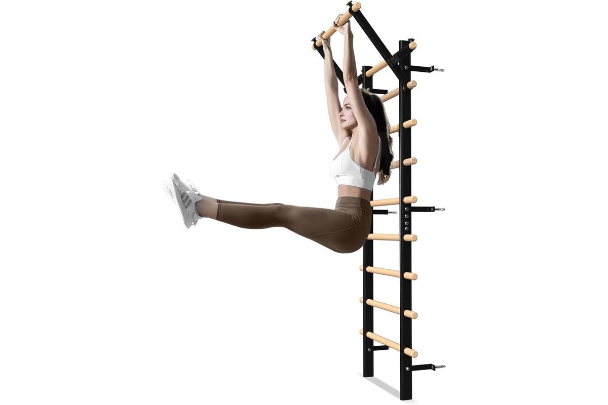 Swedish Ladder &#x2013; 9-Rod Stall Bar with Pull-Up & Dip Bars, Core & Stretching Trainer - Black