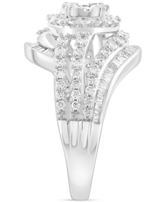 EFFY&reg; Diamond Round & Baguette Swirl Halo Cluster Ring (1-1/5 ct. t.w.) in 14k White Gold