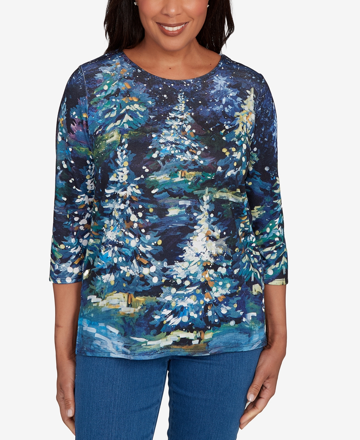 Alfred Dunner Petite Starry Night Tree Top In Blue