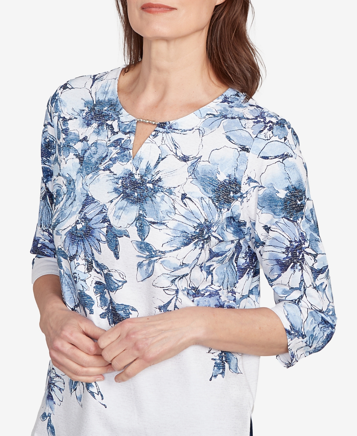Alfred Dunner Petite Floral Split Beaded Top In Blue