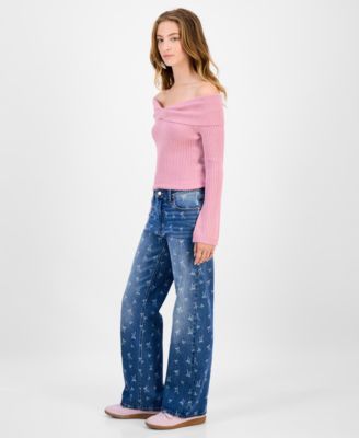 Juniors' Mid-Rise Bow-Print Baggy Jeans