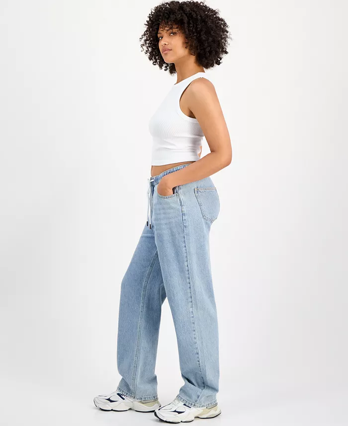 Juniors' Cotton Wide-Leg Drawstring Jeans - thumbnail 2