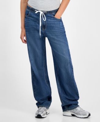 Juniors' Cotton Wide-Leg Drawstring Jeans