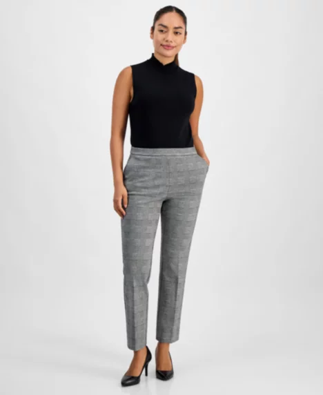 AK Anne Klein Petite Glen Plaid Straight-Leg Pants - Black / White Plaid