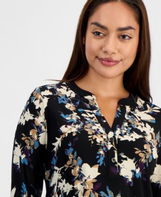 Petite Henley-Neck Floral-Print Top
