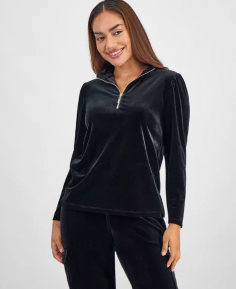 AK Anne Klein Petite Long-Sleeve Quarter-Zip Top - Anne Black