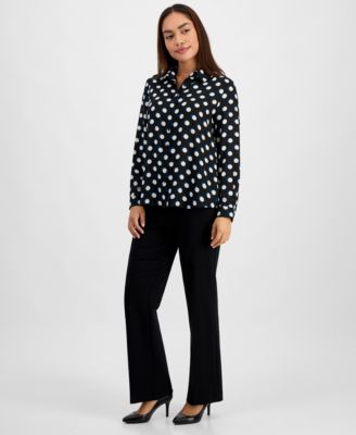 Petite Long Sleeve Button Up Dot-Print Shirt