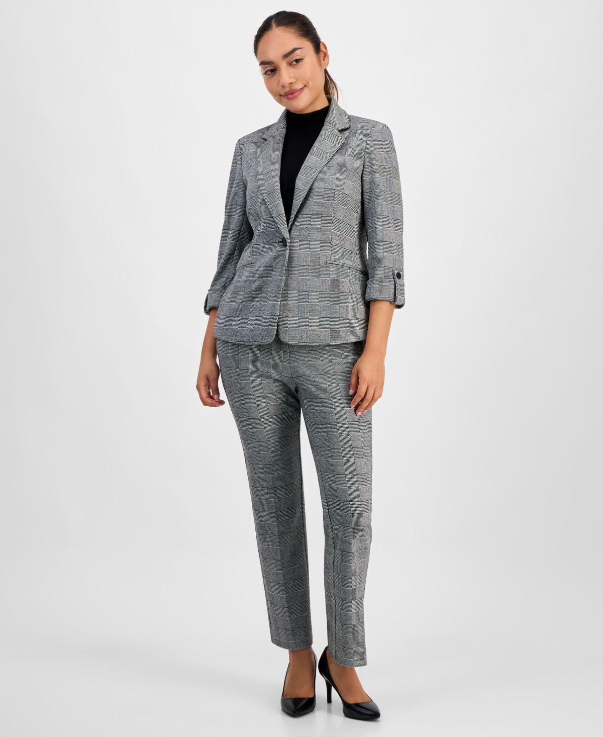 Ak Anne Klein Women's Plaid Jacquard Notch-collar 3/4-sleeve Jacket In Multi
