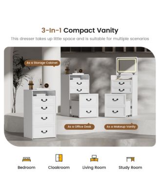 Flip-top vanity desk with mirror and stool.